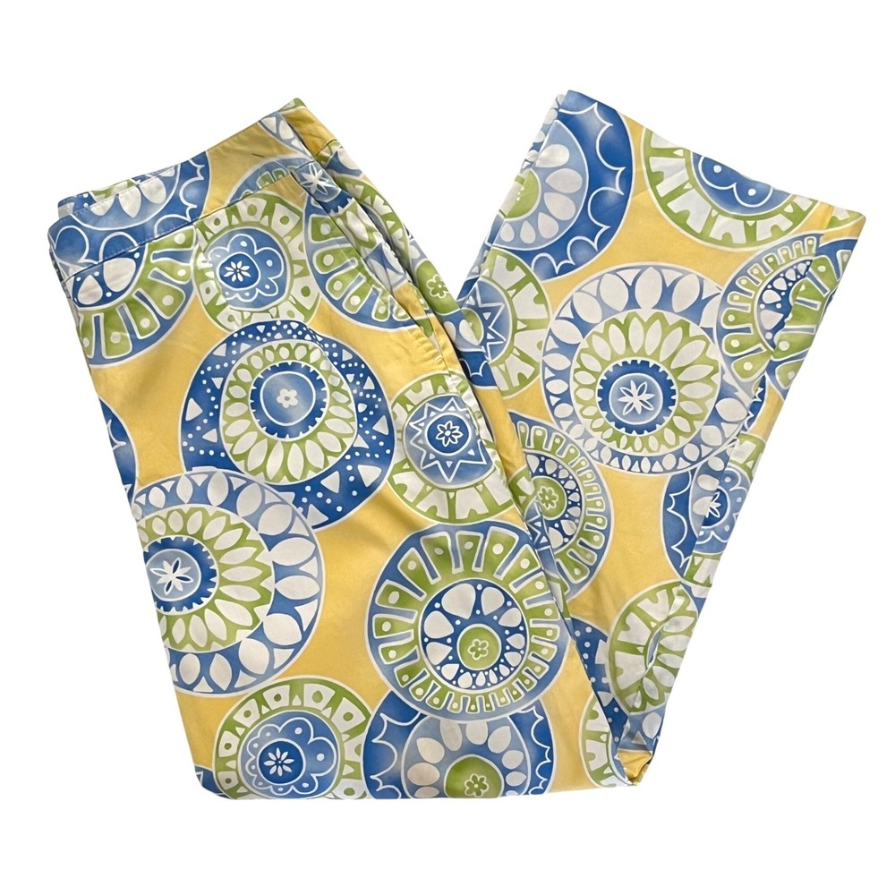 Vintage USA Talbots Women Crop Pants 10 Yellow Blue Medallion Print Cotton Lined